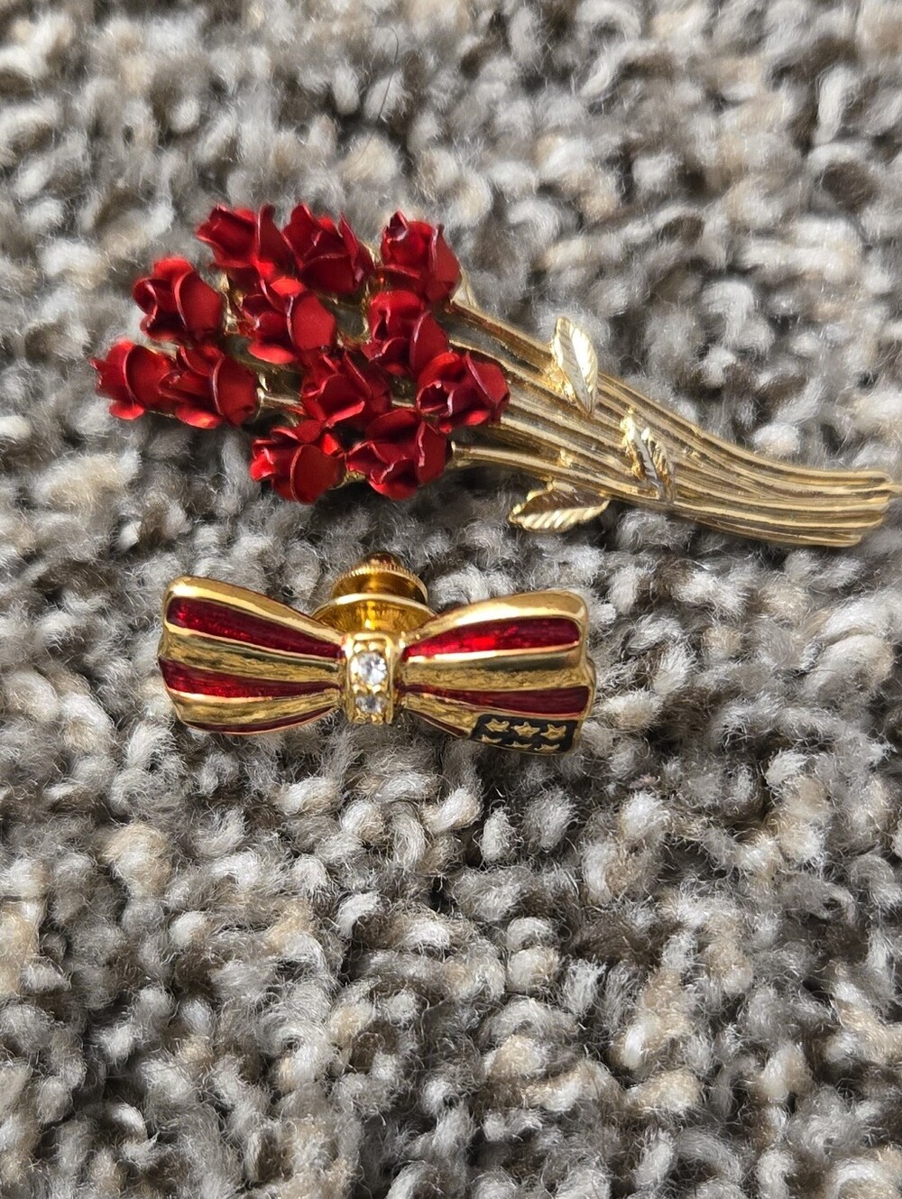 Gold-Tone Red Enamel Bow Pin with Crystal Accent